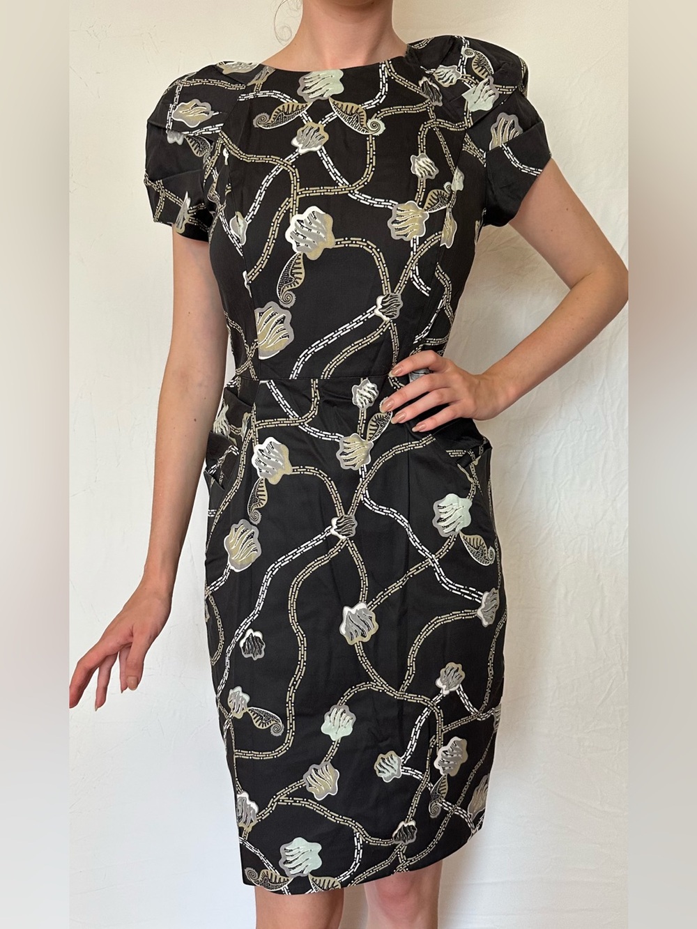 People Tree Black Floral Chain-Print Sheath Dress